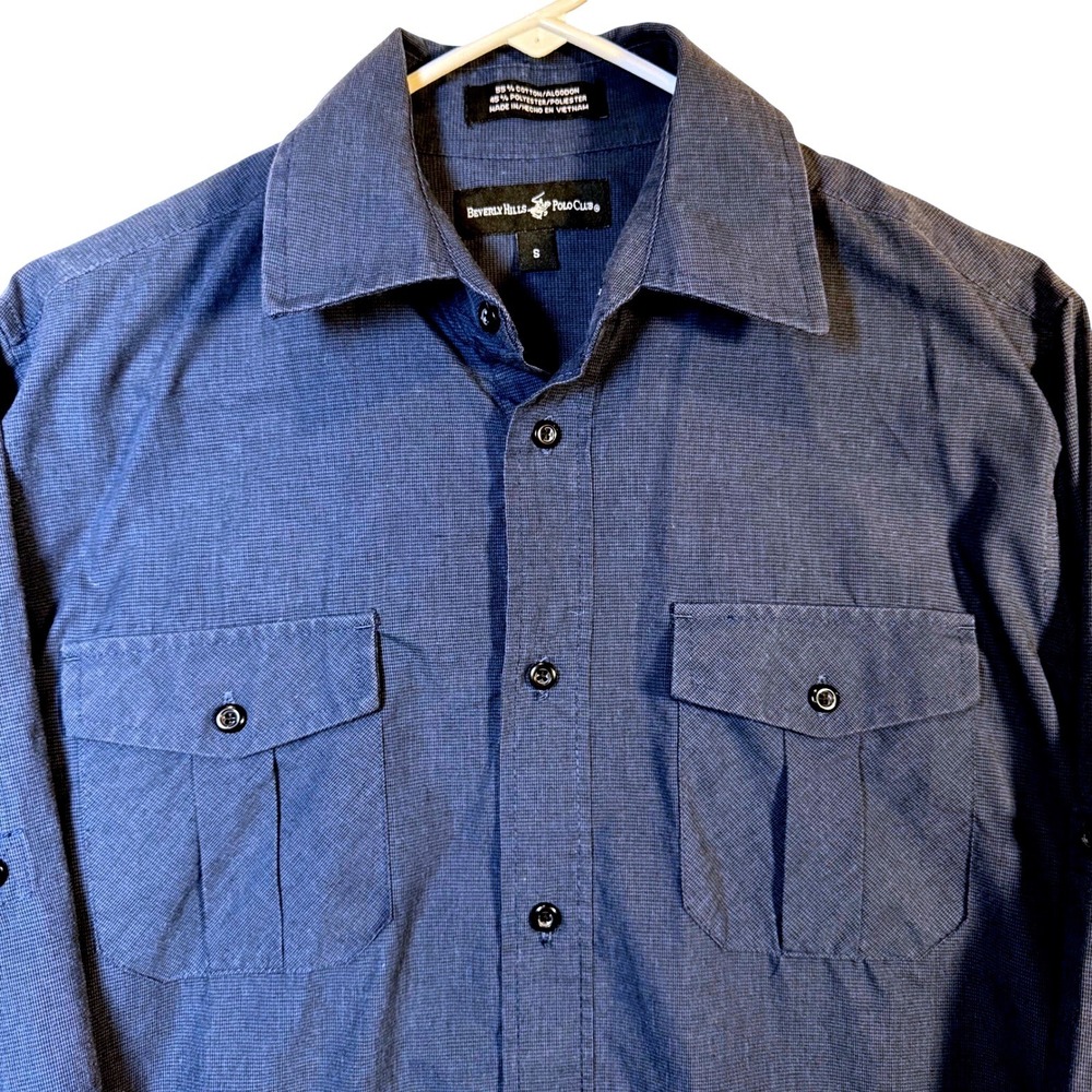 Beverly Hills Polo Club Mens Dark Blue Button Down Utility Shirt Size S Classic